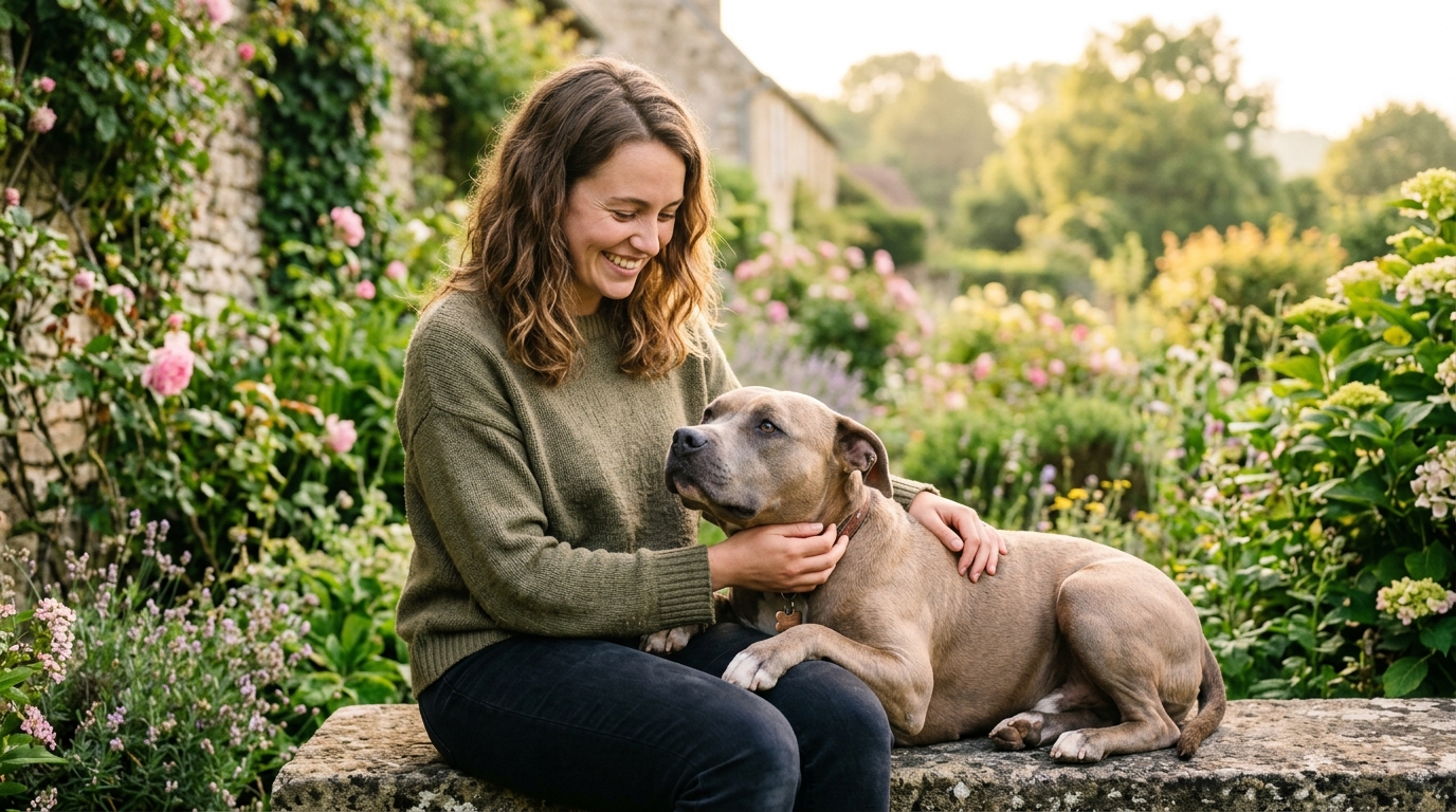 Chien American Staffordshire soigné et apaisé profitant d'une caresse chaleureuse en plein air