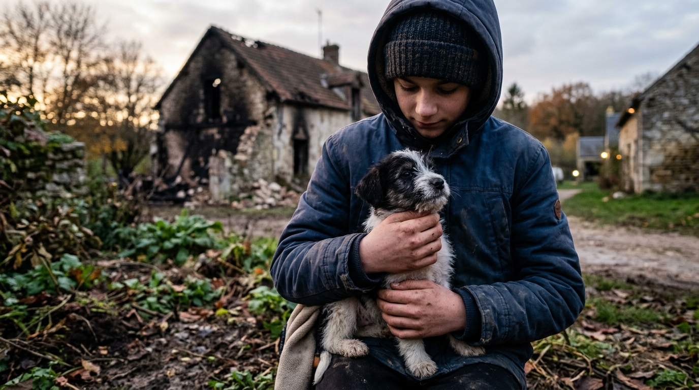 Un jeune chien sauvé des flammes devant une maison en reconstruction dans la campagne française.
