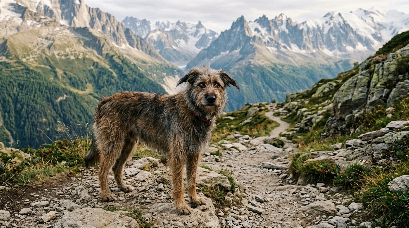 Un chien seul sur un sentier de randonnee en montagne en Haute-Savoie