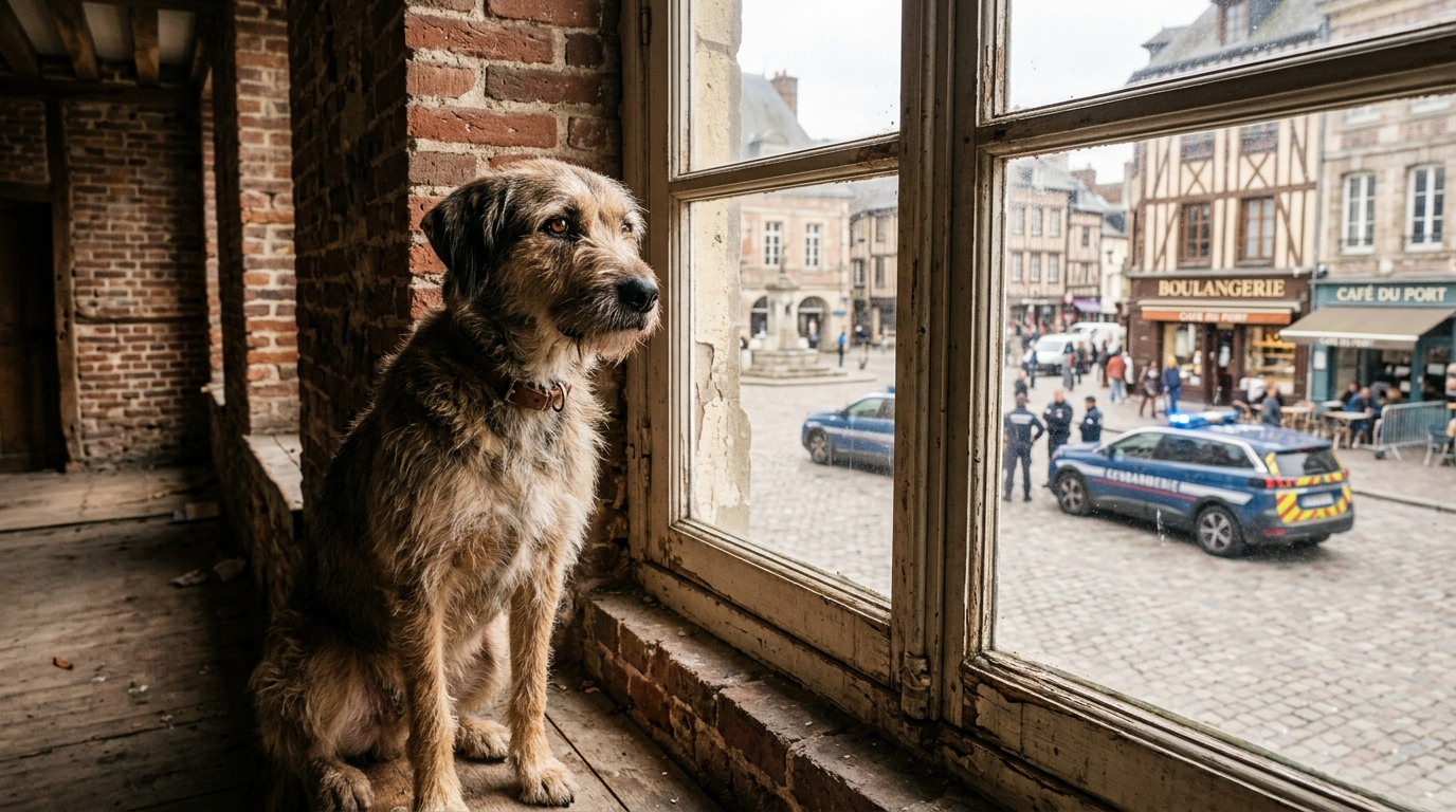 Un chien courageux regardant à travers la fenêtre d'un immeuble à Dieppe