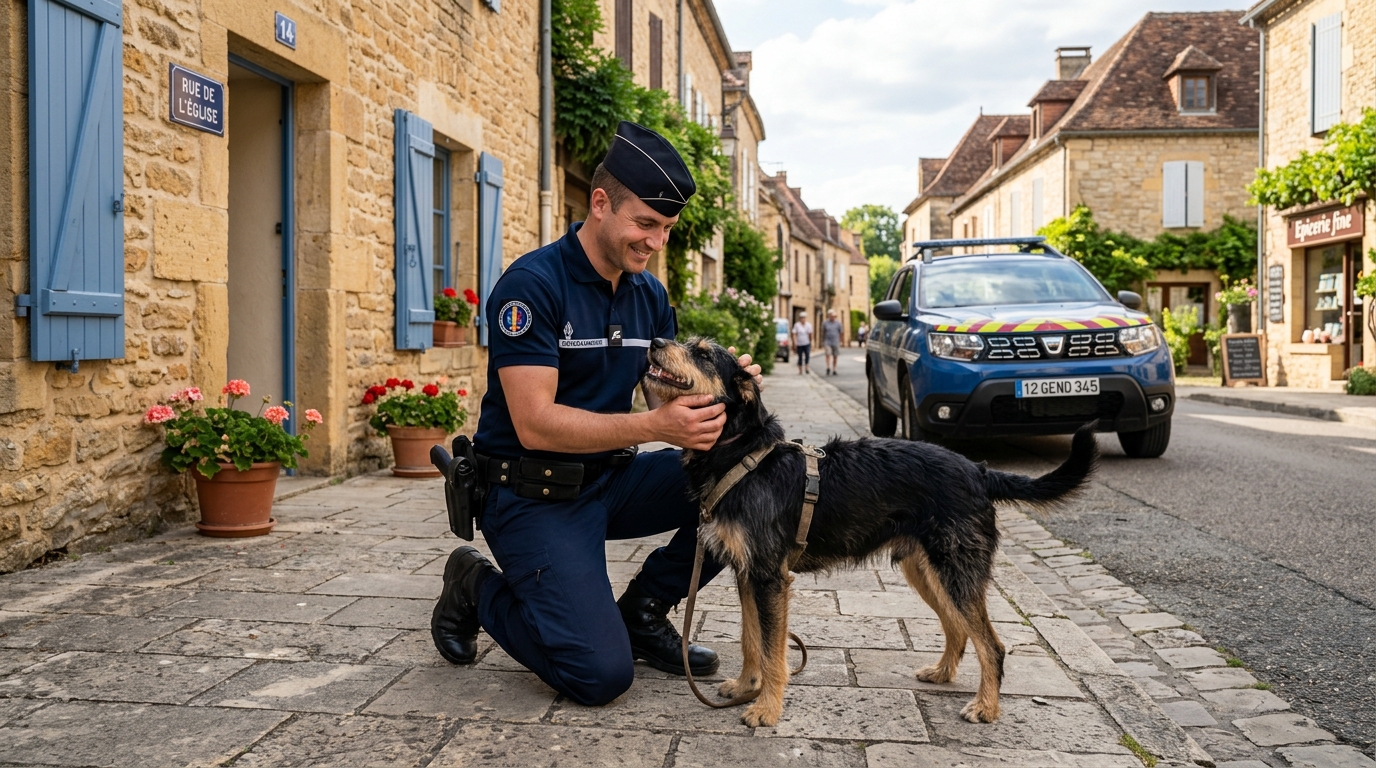 Un gendarme en tenue officielle tenant doucement un chien secouru près d'un immeuble en France.