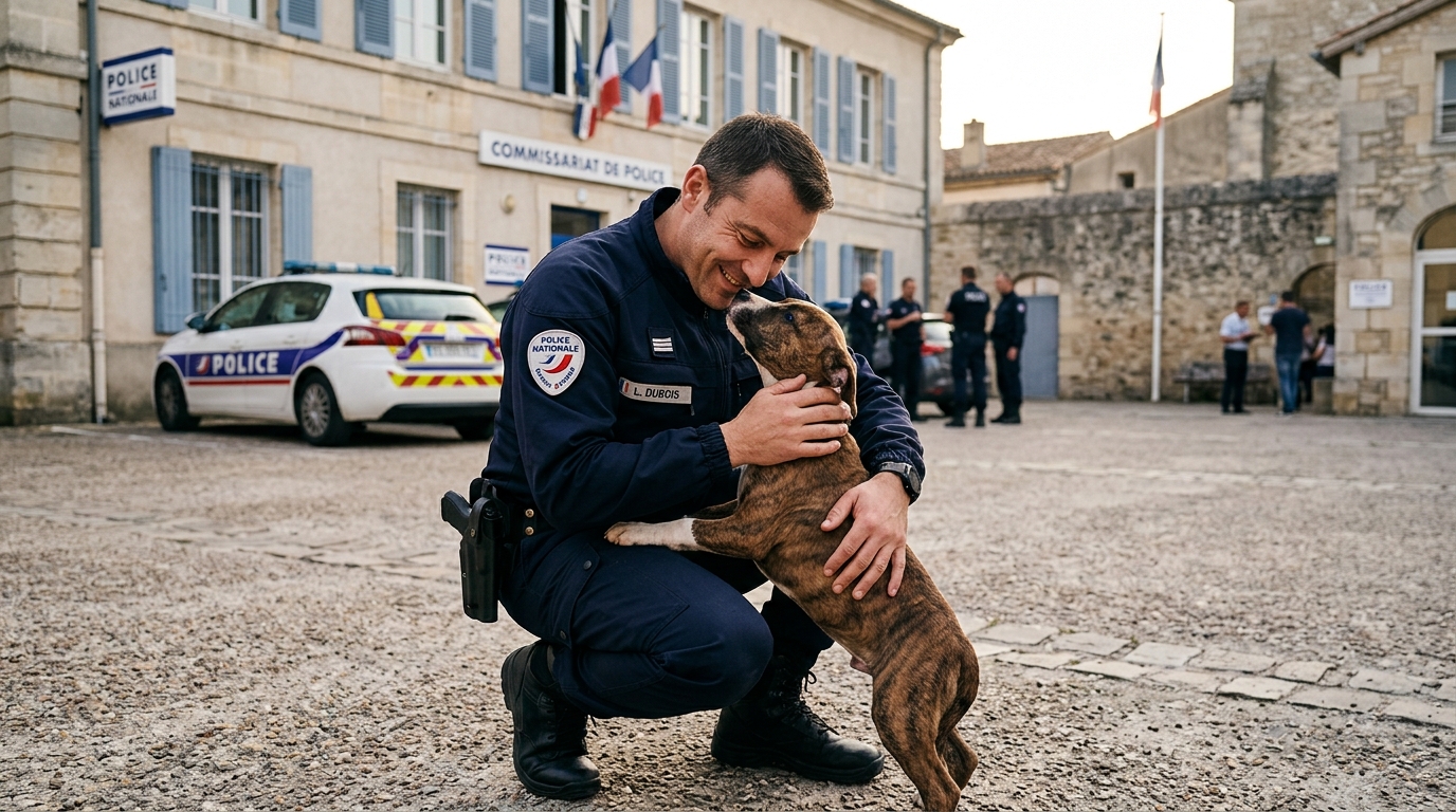 Un policier français réconforte un chien secouru lors d'une intervention
