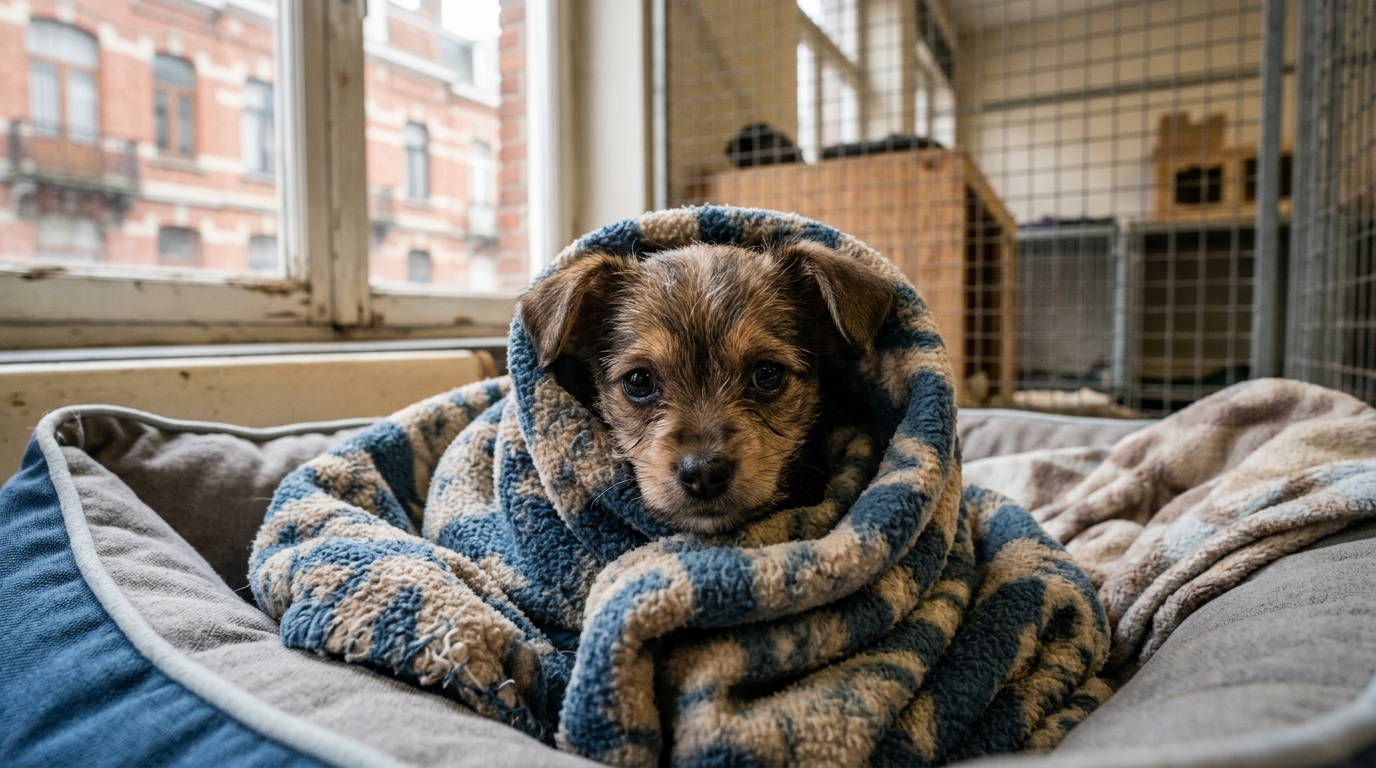 Un petit chien apeuré enveloppé dans une couverture douce dans un refuge
