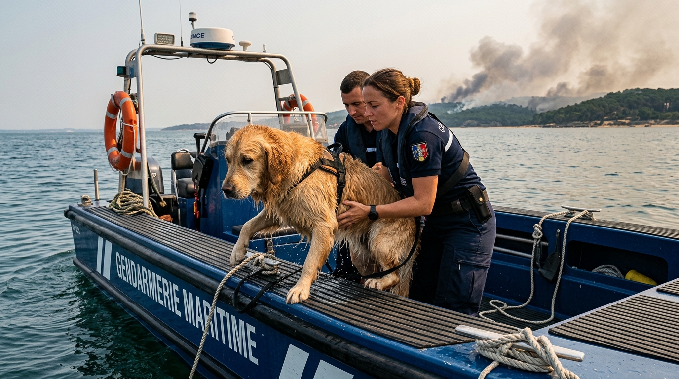Un chien épuisé secouru par des gendarmes maritimes dans le bassin d'Arcachon lors d'un incendie en Gironde.