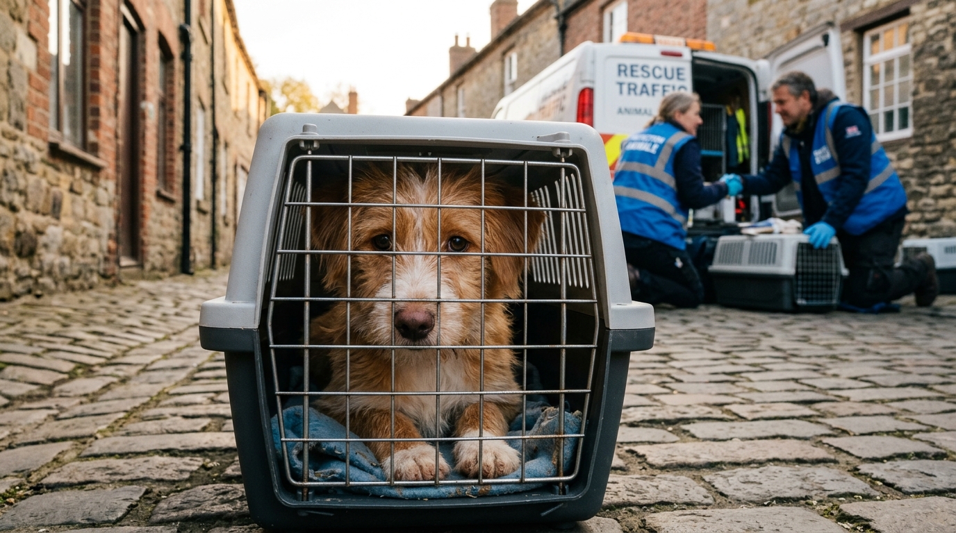 Un petit chien croisé anxieux regardant à travers la grille d'une cage de transport