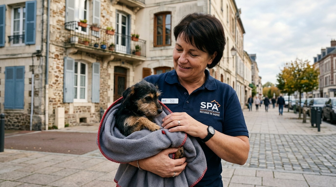 Un chien affaibli secouru par un bénévole de la SPA dans un immeuble en France.