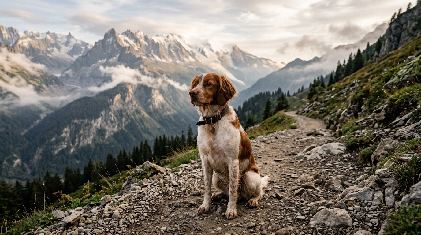 Un chien seul assis sur un sentier de randonnée dans les Alpes en Haute-Savoie.