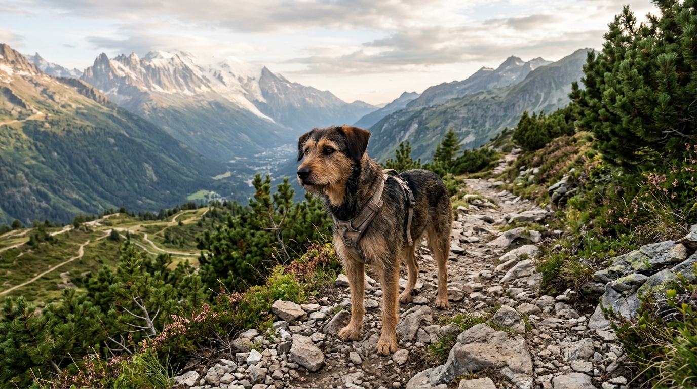 Un chien fidèle debout sur un sentier escarpé de montagne en Haute-Savoie.