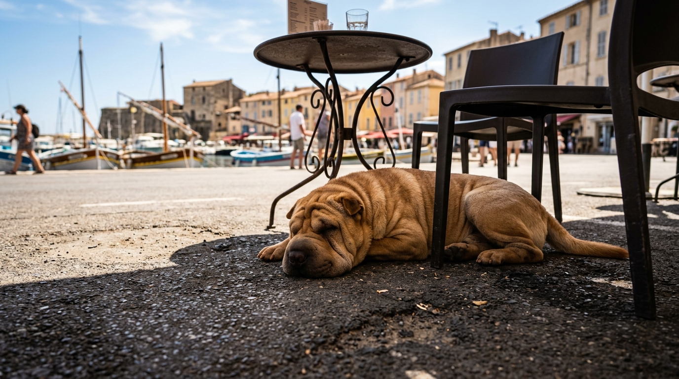 Un chien Shar-Pei couché sur le bitume près d'une terrasse de café sous la chaleur estivale.