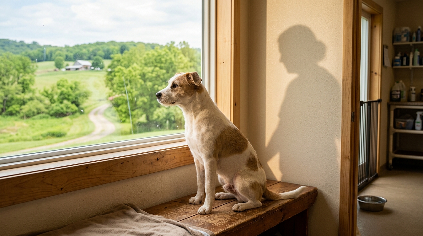 Un jeune chien sourd regarde fixement par la fenêtre d'un refuge pour animaux.