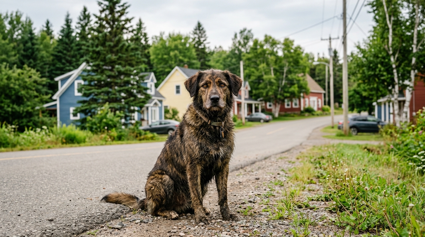 Un chien au bord d'une route rurale canadienne, le regard inquiet.