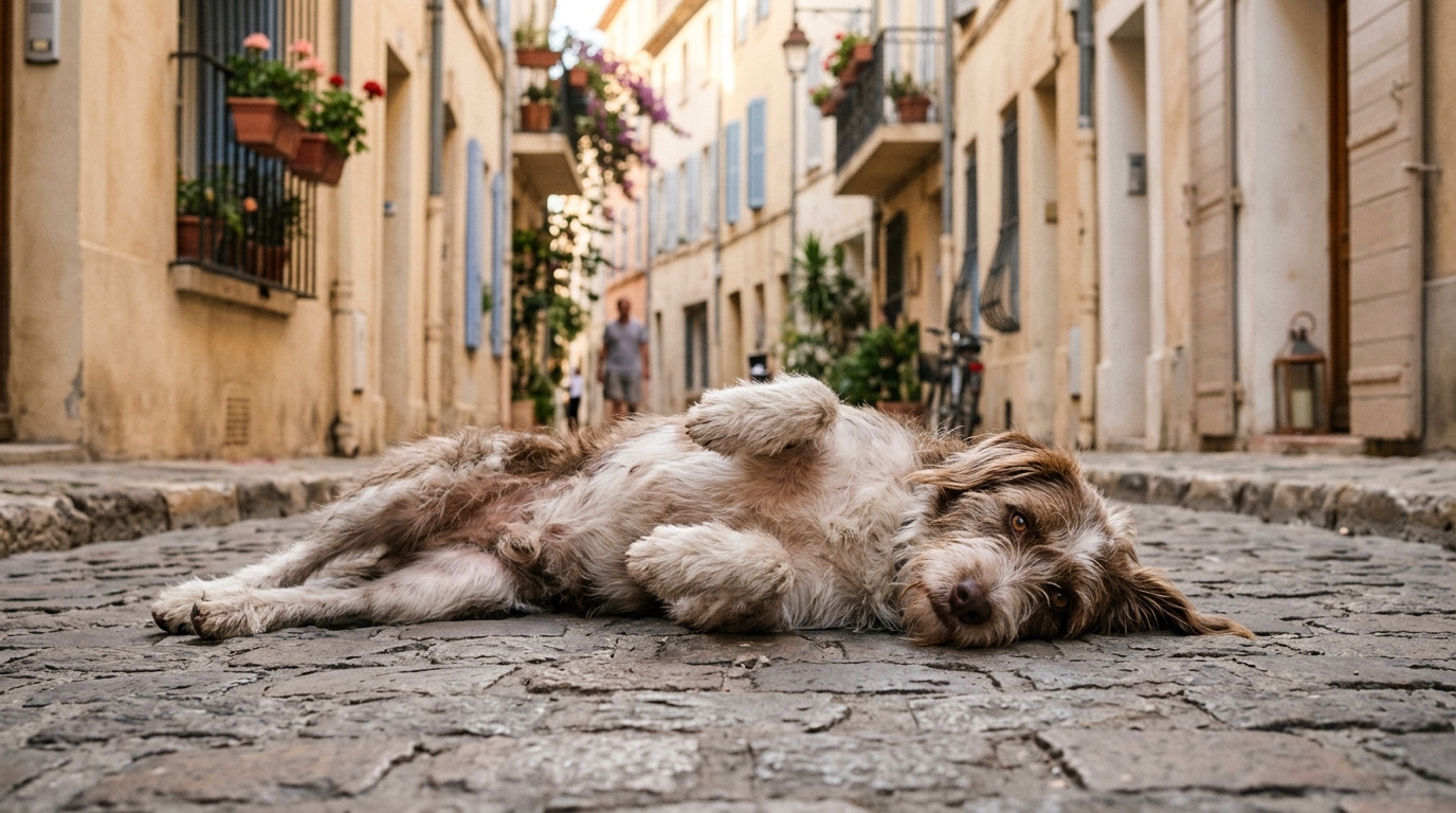Un chien couché au sol dans une posture de soumission dans une rue de Marseille