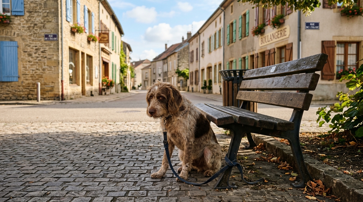 Une chienne attachée à un banc de parc sous le soleil en France