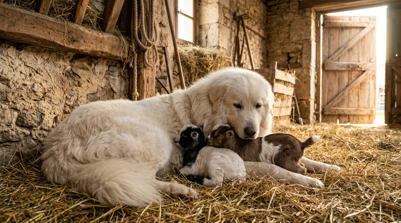 Chien de montagne des Pyrénées protégeant deux petits chevreaux dans une ferme en France