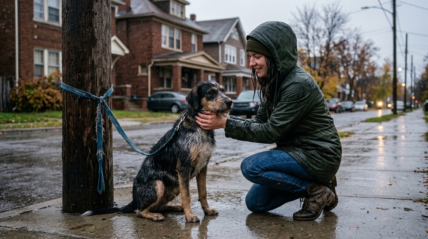 Une jeune chienne mouillée sous la pluie attachée à un poteau dans une rue de Détroit.