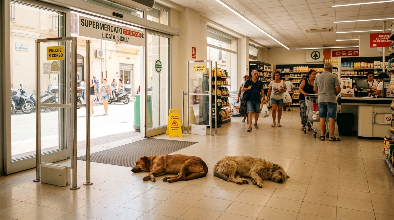Des chiens errants allongés au frais à l'entrée d'un supermarché lors d'une canicule en Sicile.