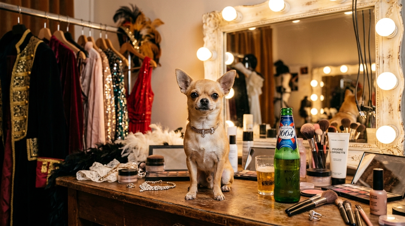 Un petit chihuahua posé sur une coiffeuse de loge de théâtre devant un miroir éclairé