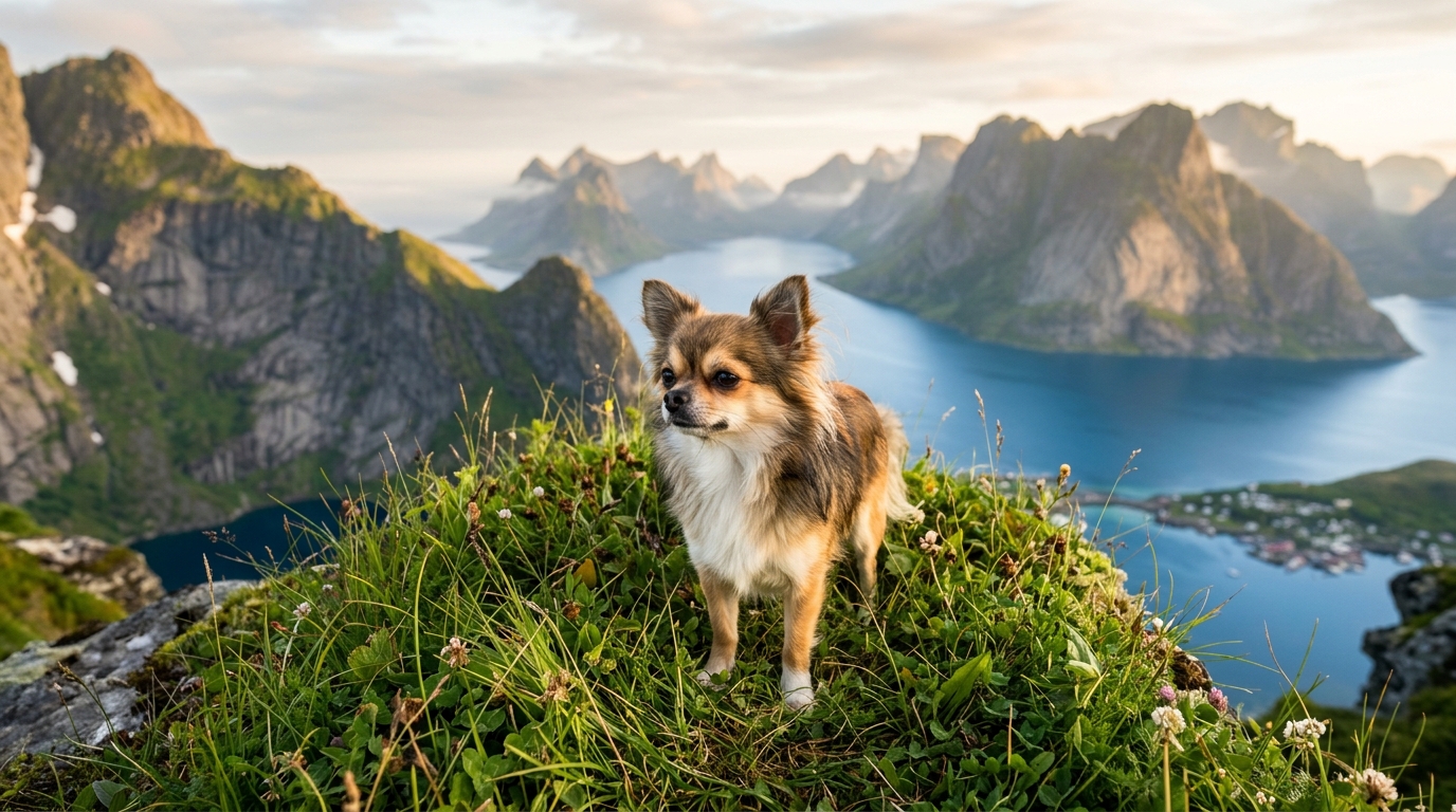 Un petit chihuahua debout dans l'herbe face à un paysage de fjords en Norvège.
