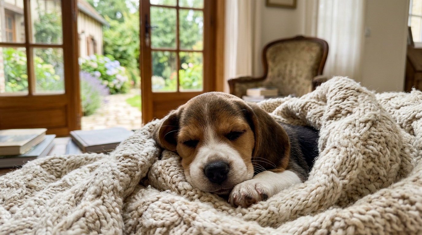 Une petite chienne beagle de deux mois blottie dans une couverture douce.