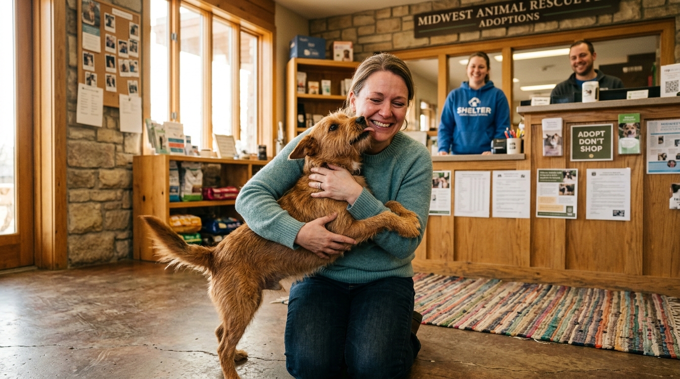 Un chien heureux retrouve sa propriétaire dans un refuge pour animaux.