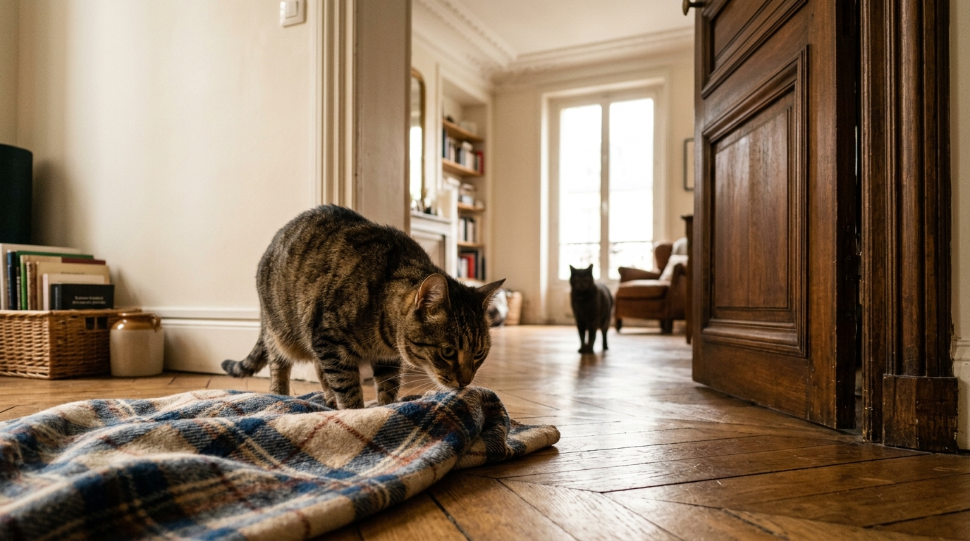 Un chat curieux observe l'odeur d'un coussin dans un appartement chaleureux