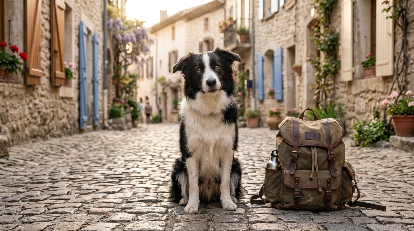 Un jeune Border Collie au regard triste assis près d'un sac à dos dans une rue en France.