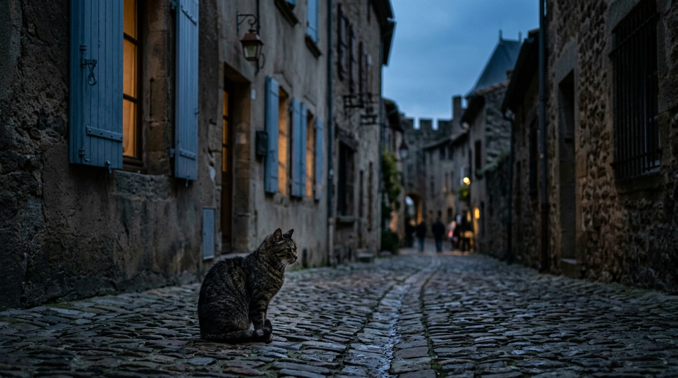 Un chat de rue regardant au loin à Carcassonne