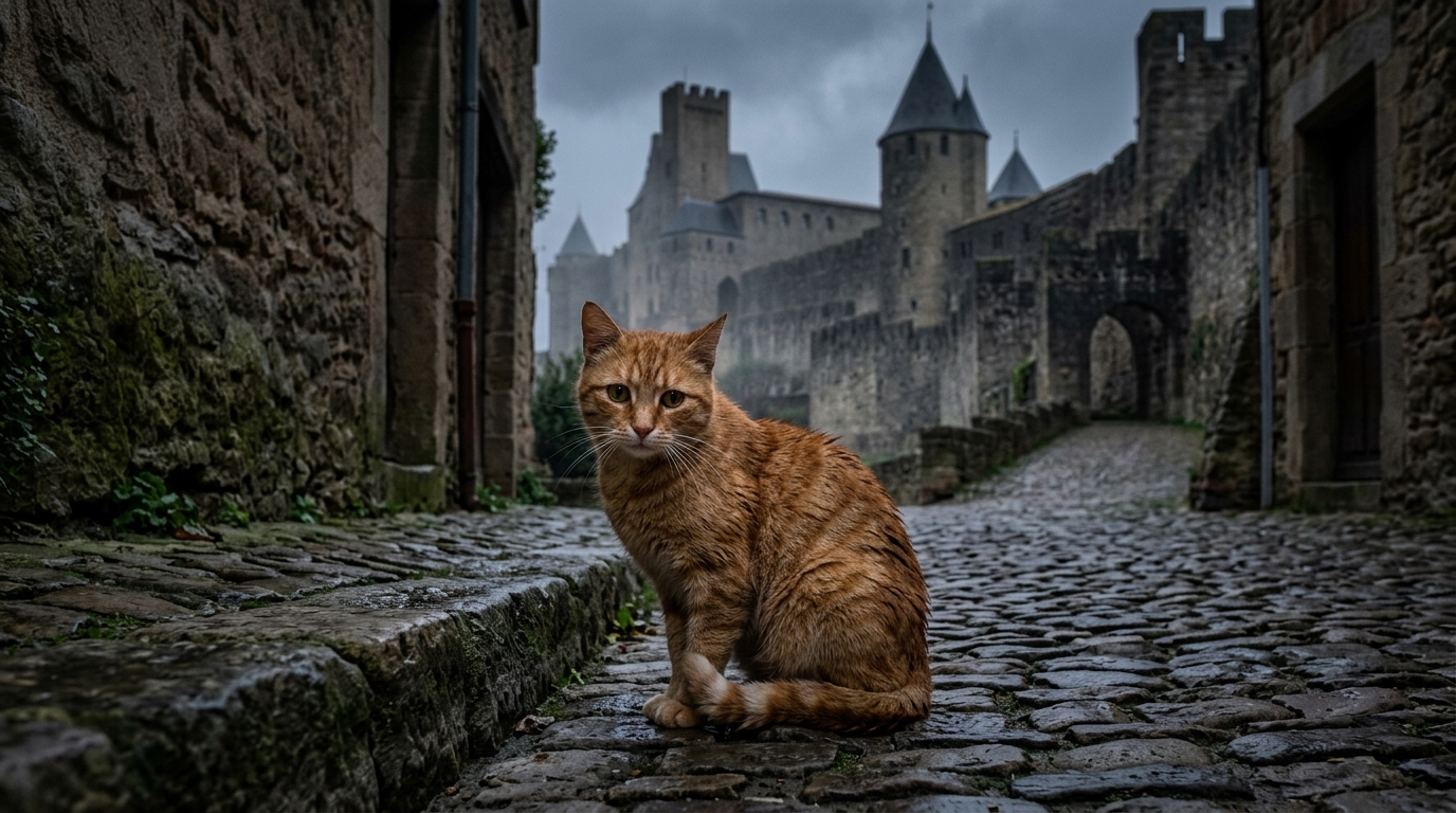 Un chat au regard triste assis dans une ruelle de Carcassonne