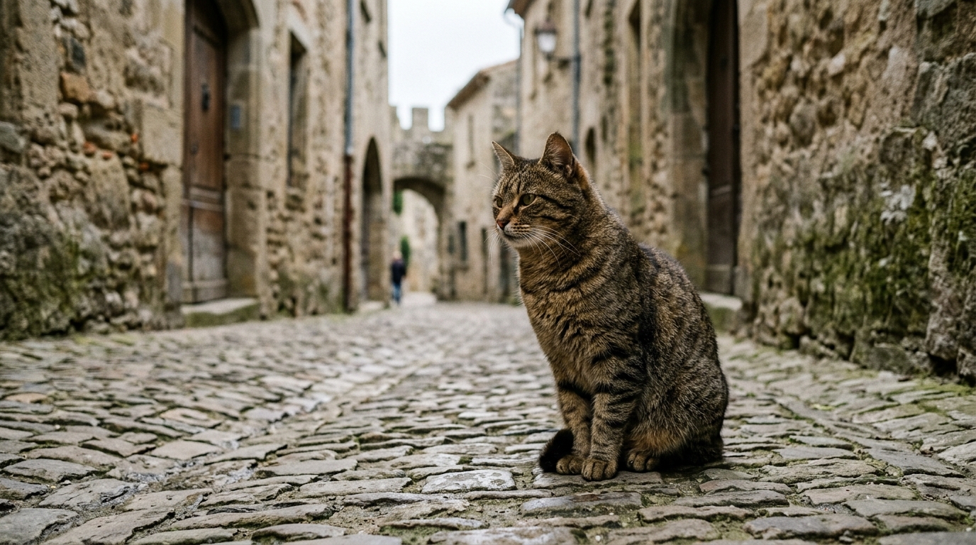 Un chat regardant tristement au loin dans une ruelle médiévale à Carcassonne