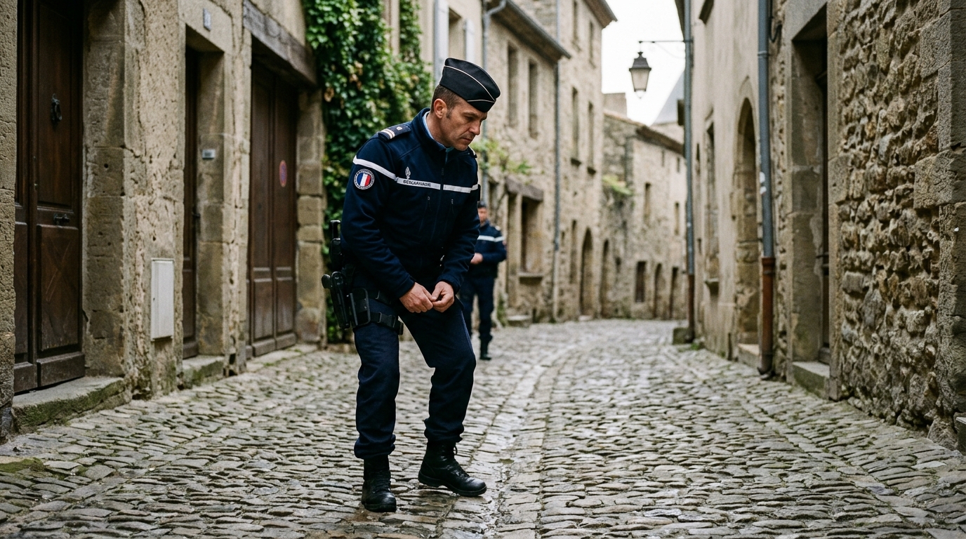 Un gendarme francais en investigation dans une ruelle de Carcassonne
