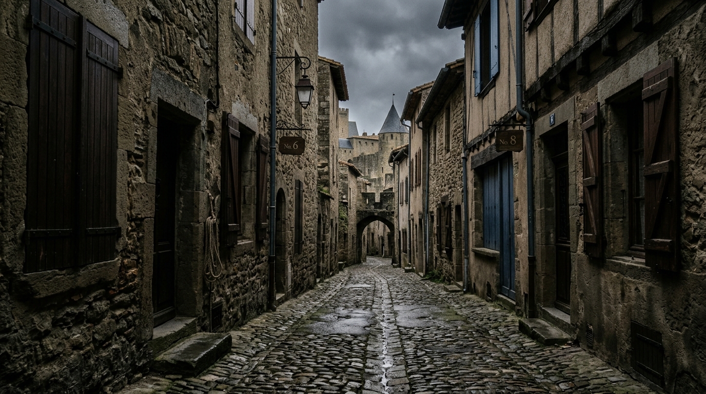 Une ruelle pavée de Carcassonne plongée dans une atmosphère sombre et grave.