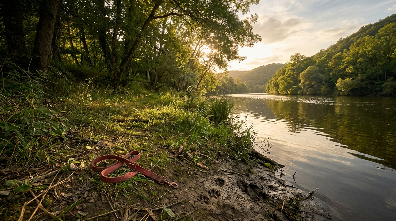 Rives paisibles d'une rivière française sous une lumière tombante de fin de journée.