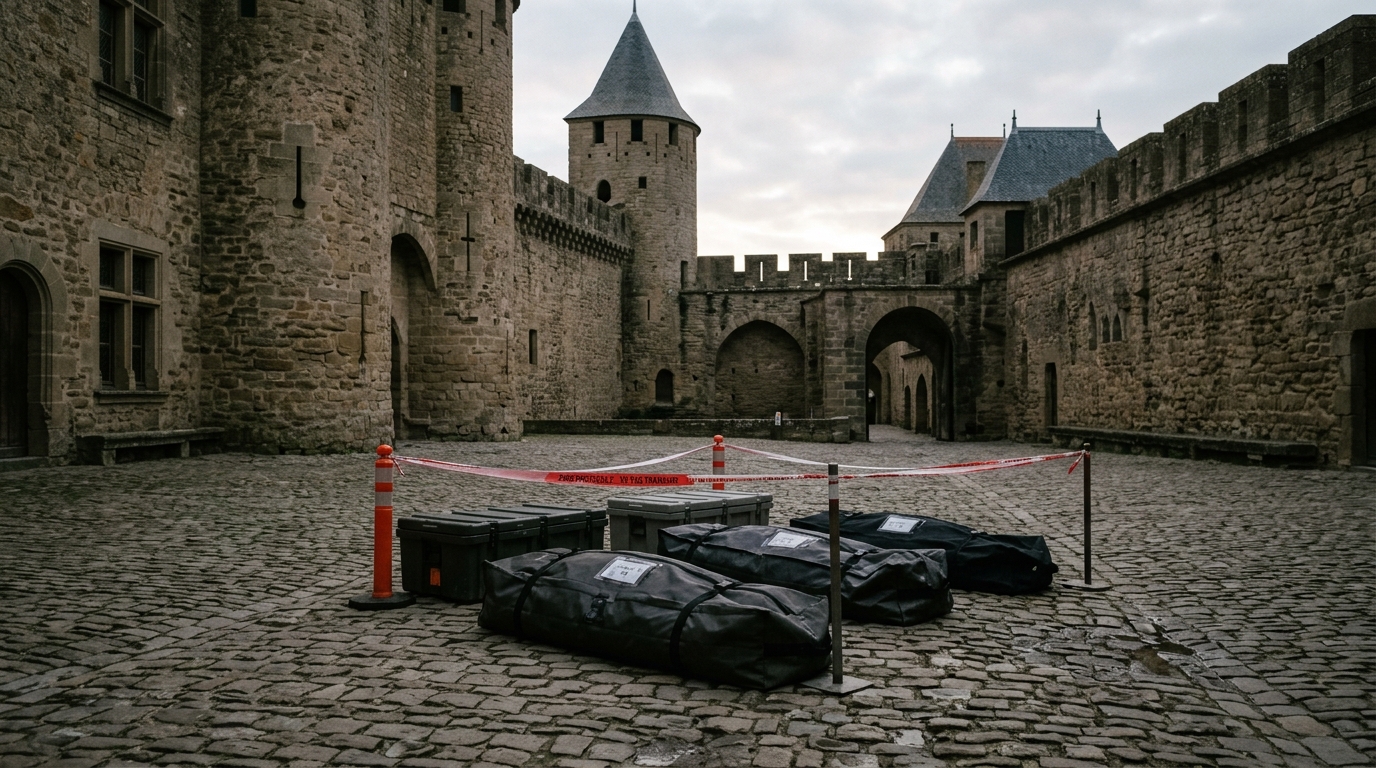 Cour intérieure à Carcassonne sous une lumière sombre et tamisée