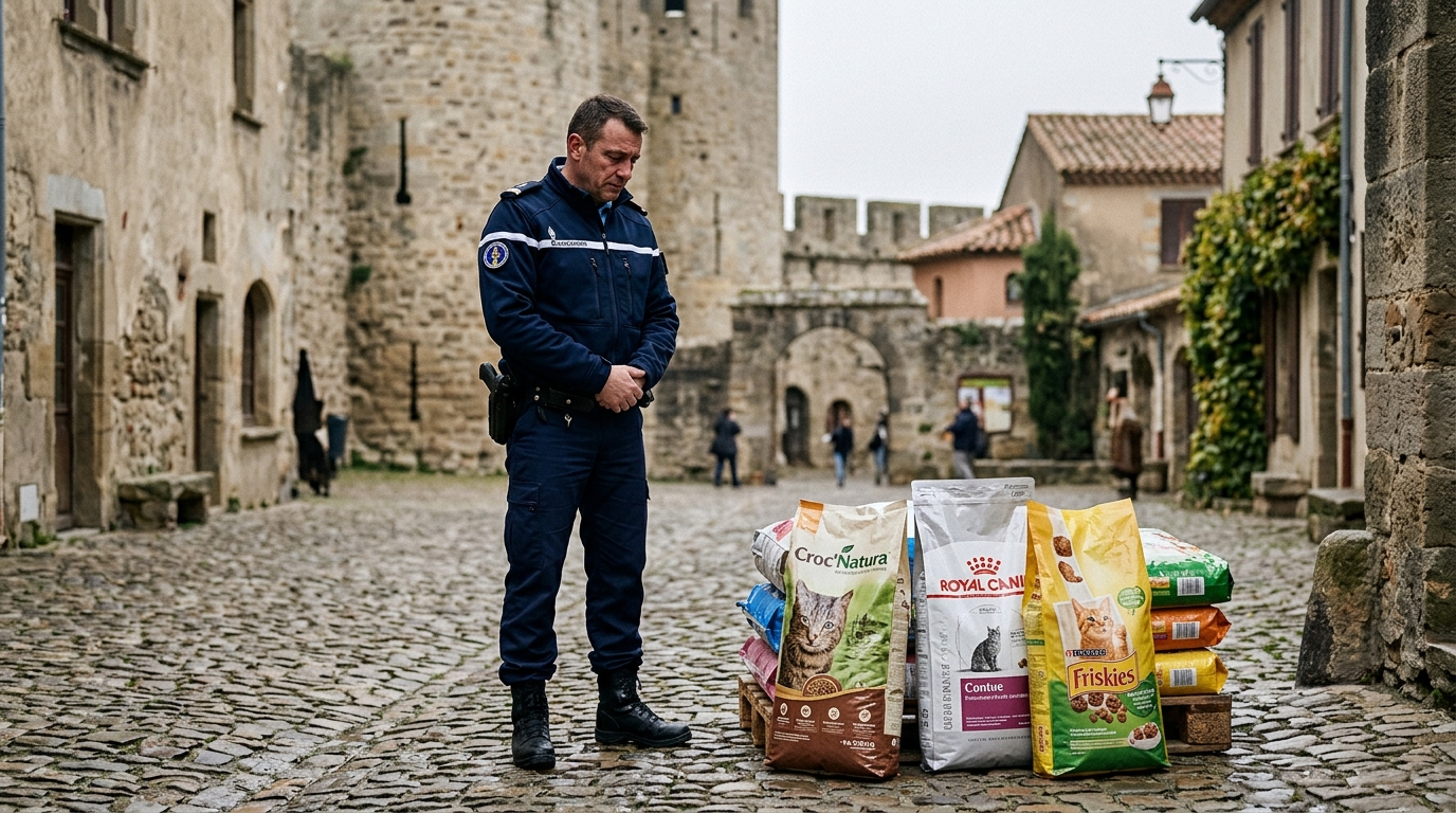 Un gendarme devant des sacs de croquettes dans une cour à Carcassonne.