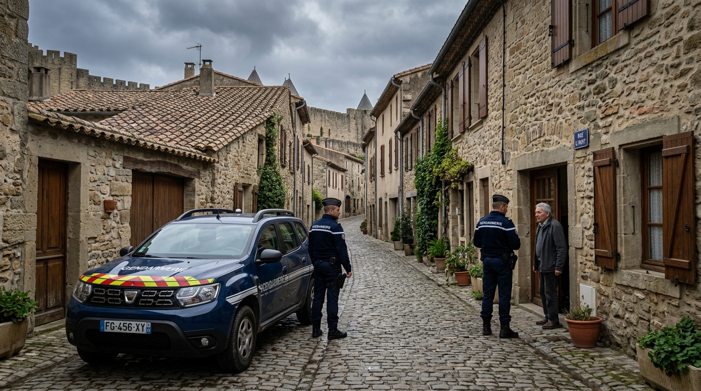 Véhicule de la Gendarmerie Nationale garé dans une rue de Carcassonne pour une enquête.