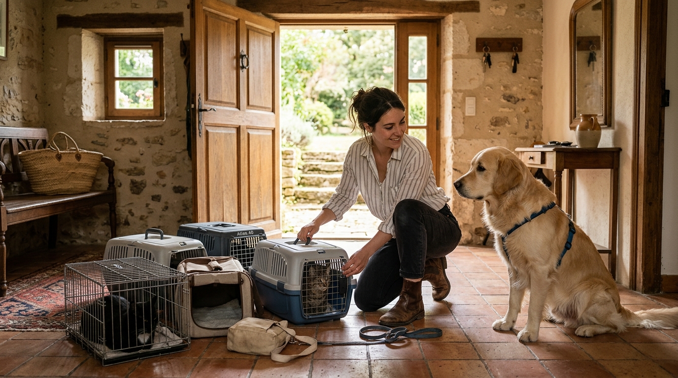 Une jeune femme prépare des caisses de transport pour animaux dans l'entrée d'une maison girondine.