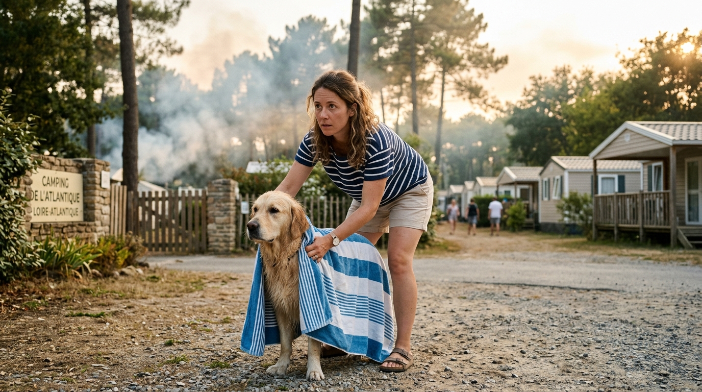 Une femme tenant son chien dans ses bras devant un camping en France sous la fumée d'un incendie.