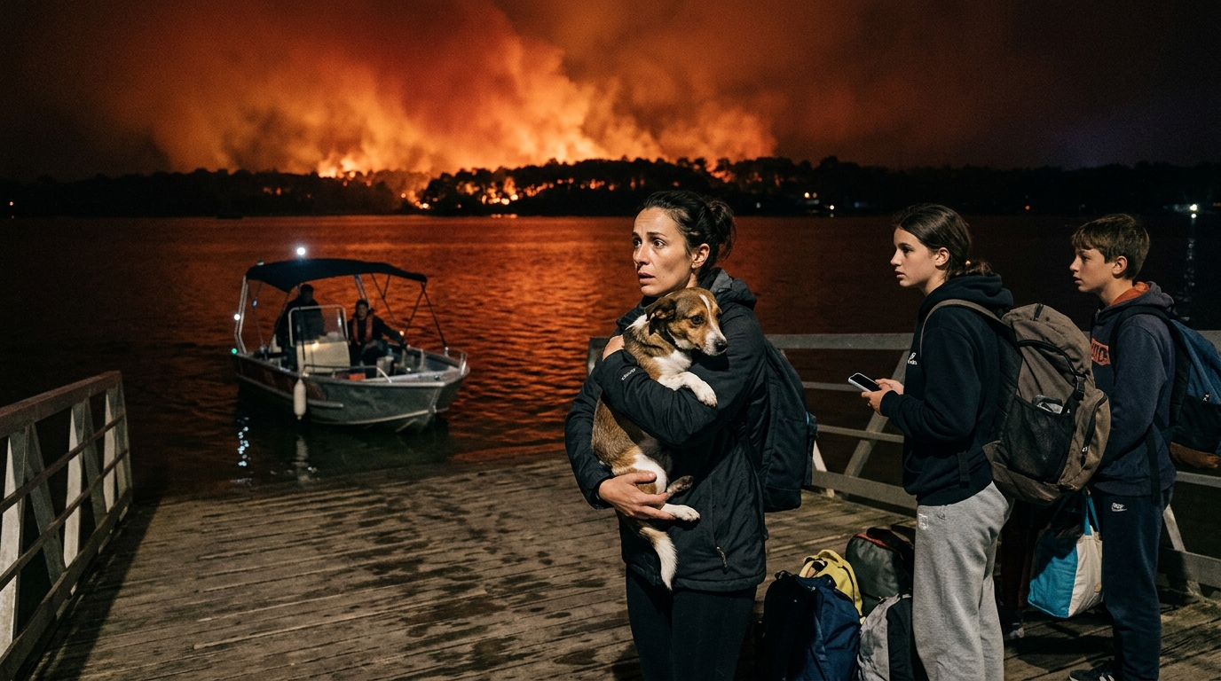 Une femme évacue d'urgence avec son chien effrayé au Cap Ferret face aux incendies.