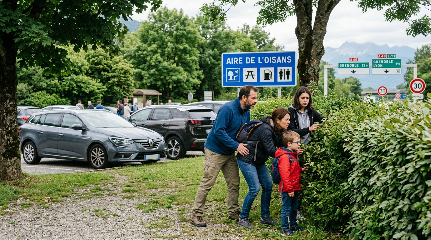 Une famille cherche son chat perdu près d'un buisson sur une aire d'autoroute en France.