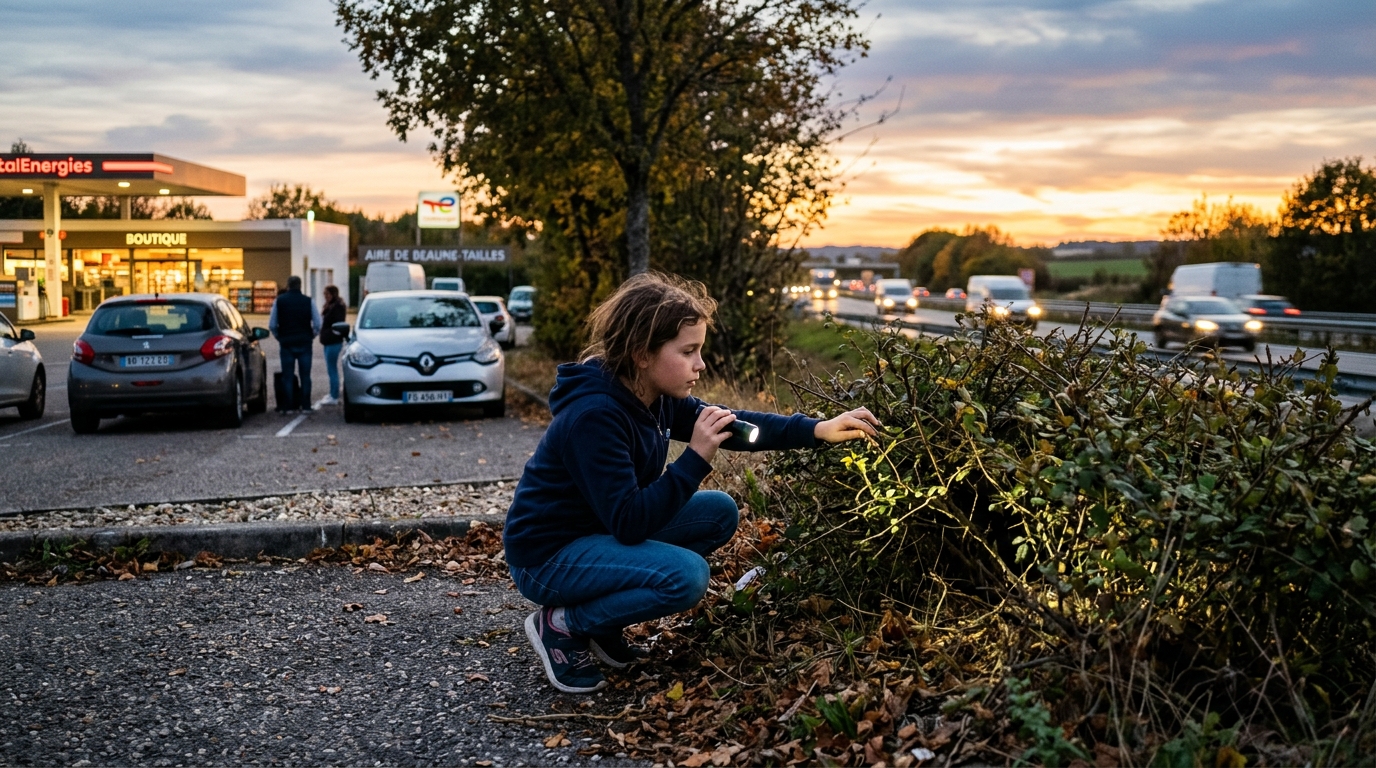 Une famille cherche sa chatte perdue près d'une aire d'autoroute en Isère au crépuscule.