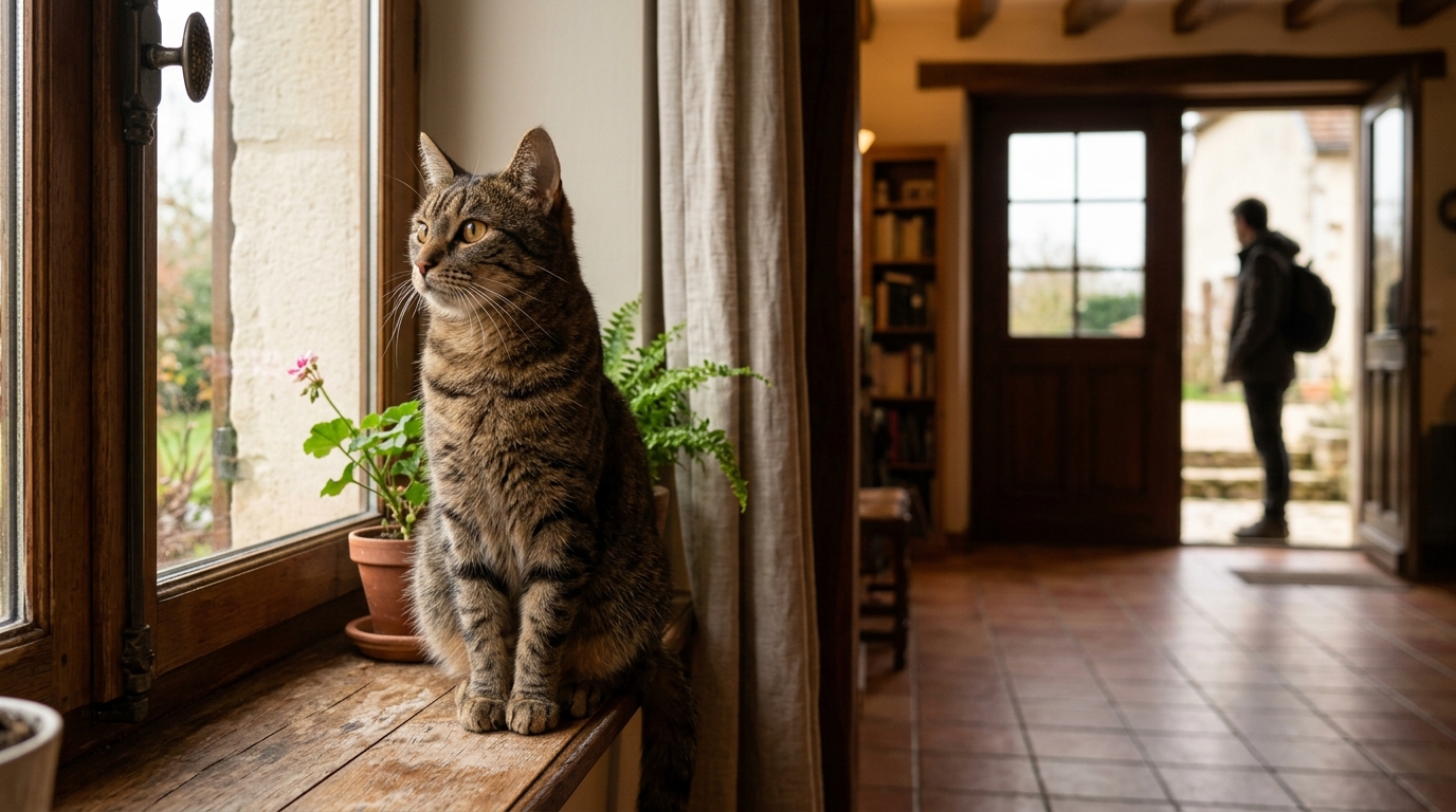 Un chat inquiet regarde par la fenêtre de son domicile
