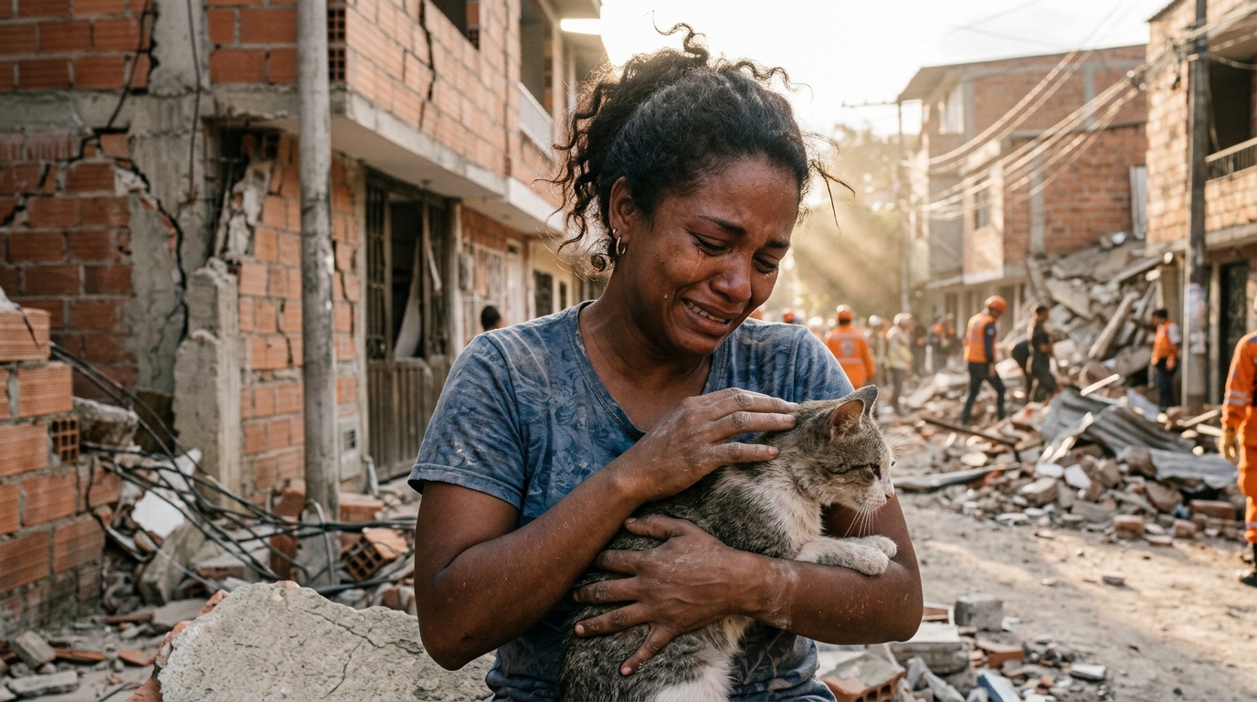 Une femme serre contre elle son chat rescapé d'un séisme dans les ruines.