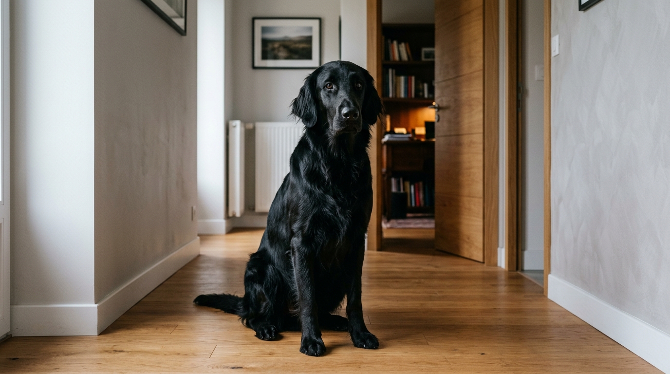 Un Flat-Coated Retriever noir au regard anxieux assis dans un pavillon français.