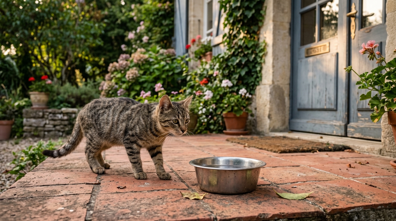 Un chat errant s'approche d'une gamelle posée devant la porte d'une maison.