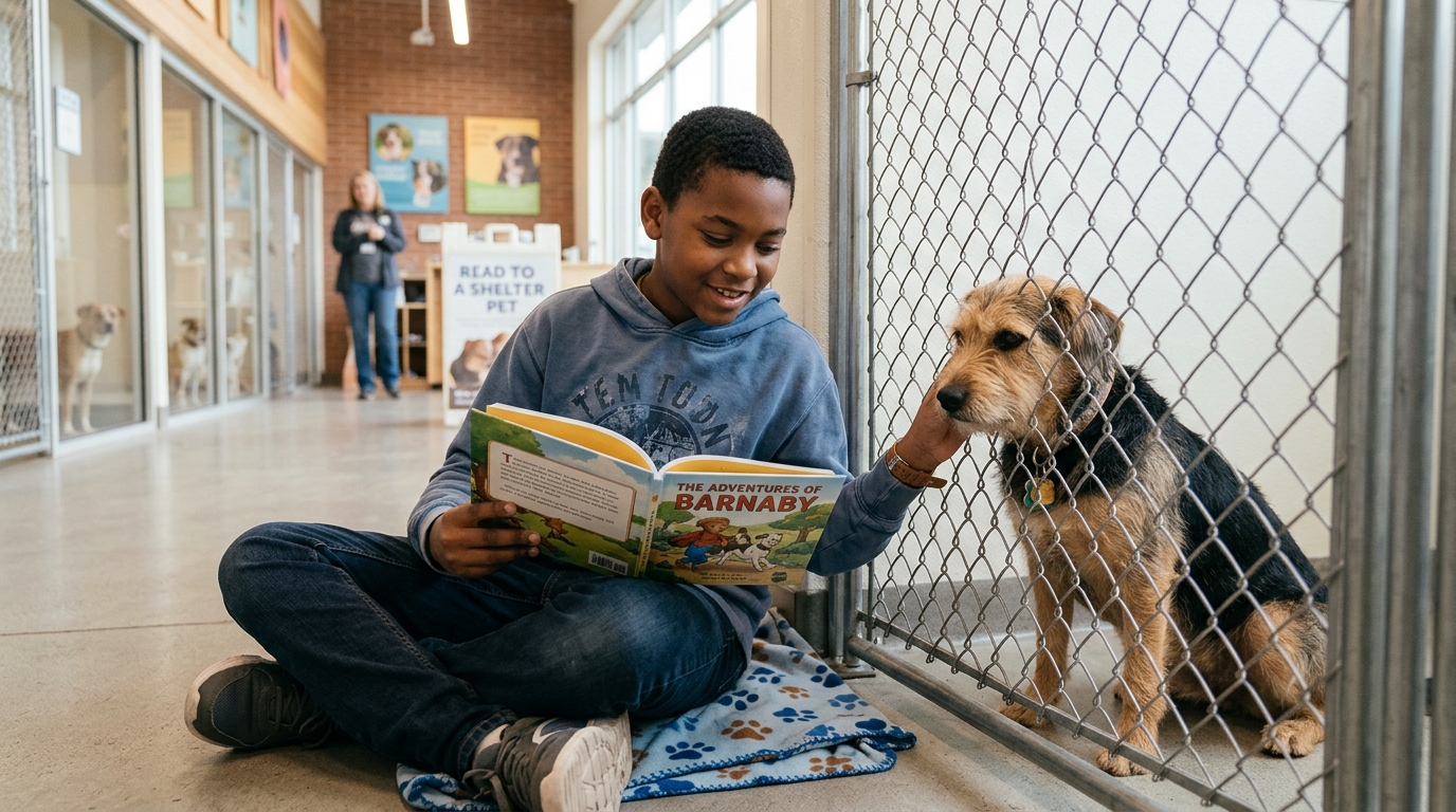 Un jeune garçon assis par terre lit un livre à un chien calme derrière un chenil de refuge.