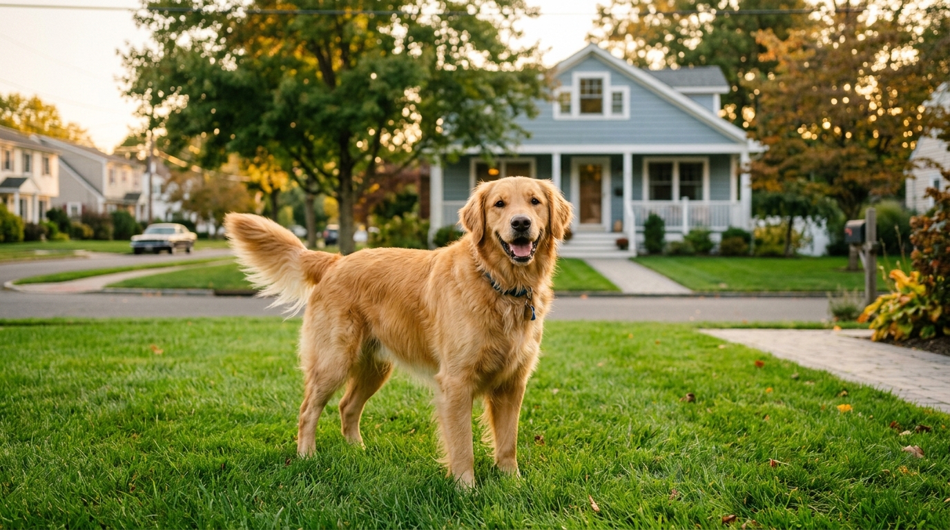 Un Golden Retriever joueur sur la pelouse verdoyante d'une maison de banlieue.