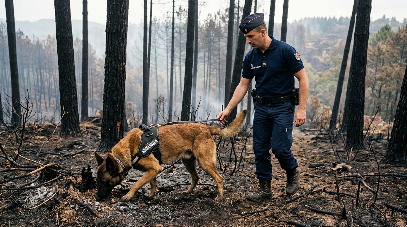 Un chien berger malinois de la gendarmerie flaire le sol calciné dans une forêt française.