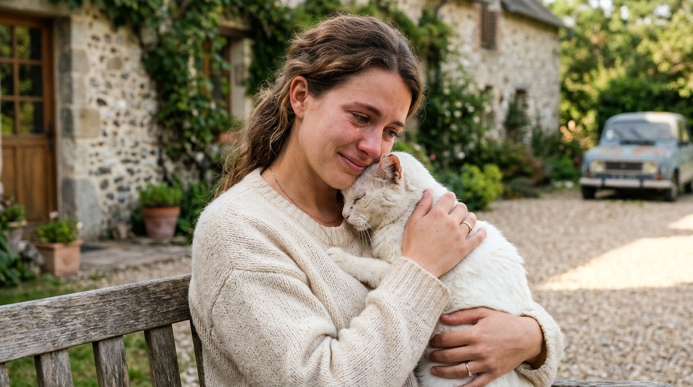 Un chat blanc câliné par sa propriétaire émue dans un village normand
