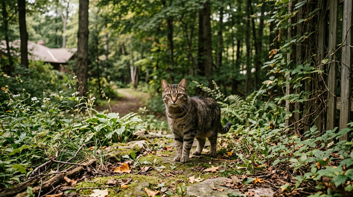 Un chat tigré semi-sauvage dans un jardin de banlieue près d'une lisière de forêt en Ontario.