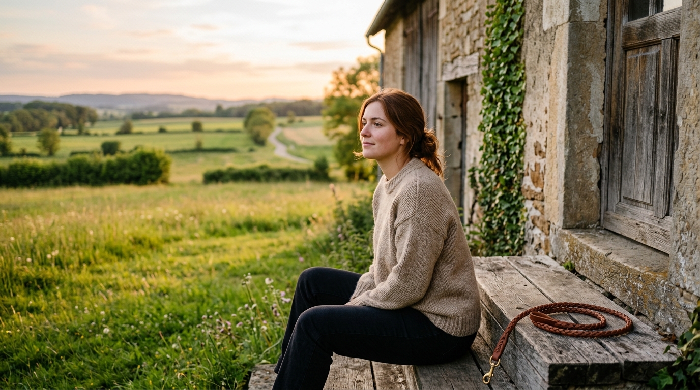 Une femme pensive assise sur le perron d'une ferme observant les prés au coucher du soleil.